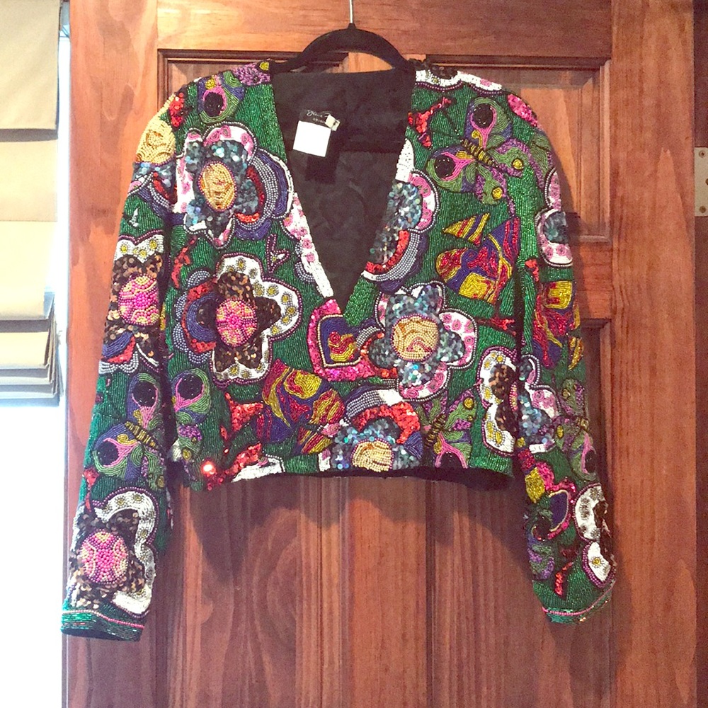 RARE VINTAGE Diane Freis Silk Beaded Bolero Jacket
